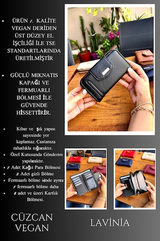Lavinia Siyah Vegan Deri Kadın Cüzdan Fermuarlı Ve Mıknatıslı 16x9 Cm Siyah