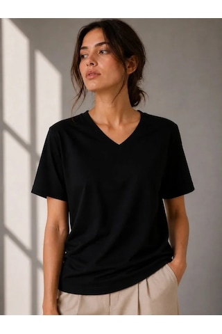 Hazego V Yaka Basic Tişört Kısa Kol Yazlık Regular Fit T-shirt - Siyah