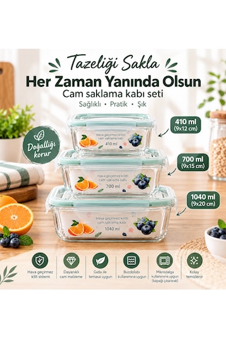 Çemi 3'lü Kilitli Dikdörtgen Cam Saklama Kabı Seti Hava Geçirmez Saklama Kabı