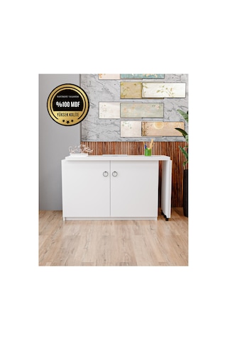 Rafineri Flor Çalışma Masası Dolaplı Açılır Katlanır Masa Mdf Beyaz
