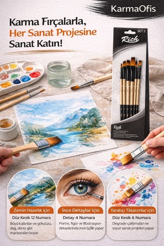 6 Lı Karma Fırça Seti Set 2 Detay, Düz Ve Düz Kesik Uçlu Profesyonel Boya Fırça Akrilik&sulu Boya