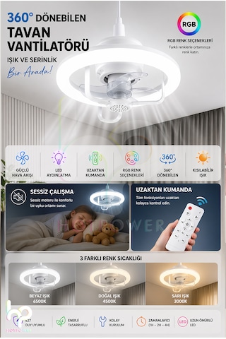 360 Dönebilen E27 Tavan Vantilatörü Ampul Led Işık Uzaktan Kumandalı Rgb Renkli Kısılabilir Vantilatör