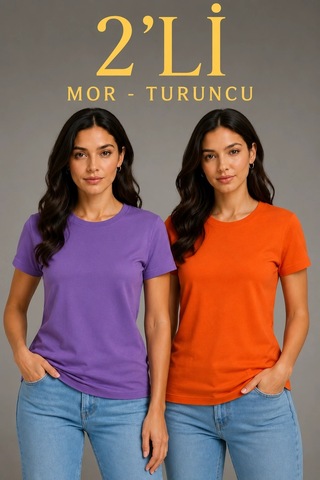 Alfanora Kadın Basic Bisiklet Yaka Yazlık Slim Fit T-shirt - Mor & Turuncu Çok Renkli