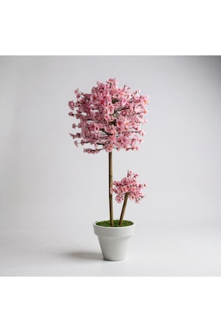 Luxdecor Yapay Sakura Ağacı - Pembe Bahar Esintisi 100 Cm Beyaz Plastik Saksı Pembe
