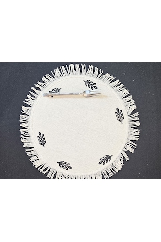 %100 Pamuklu Ham Keten Pamuk Püsküllü Minik Desen Taş Baskı 6' Lı Amerikan Servisi Supla Yuvarlak 40cm Naturel