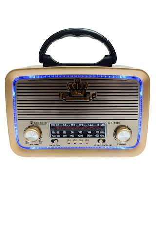 Gold Silver Gs-1345 Güneş Enerjili Led Işıklı Nostaljik Radyo Fenerli Şarjlı Bluetooth Hoparlör Usb Tf