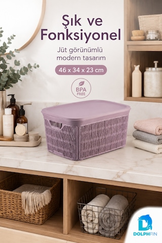 Jute Çok Amaçlı Sepet 3 Lü Set 1,5 L 2,5 L 5 L Plastik Mutfak Banyo Dolap İçi Düzenleyici Mor