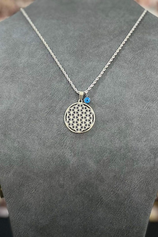 Gümüş Renk Kalın Zincir Nazar Boncuklu Çelik Hayat Ağacı Kolye 40