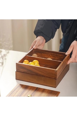 Pazly Ahşap Kapaklı 2 Katlı Kurutulmuş Meyve Tepsisi, Ev Şeker Akasya Saklama Kutusu, Kahverengi Çok Katlı İstiflenebilir Ceviz Tepsisi Kahverengi