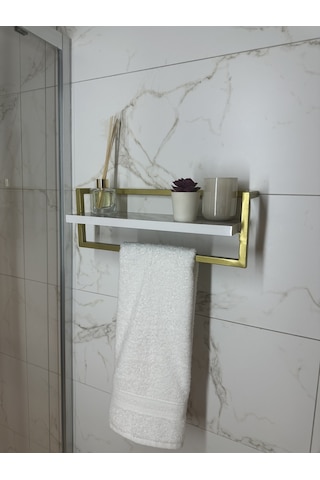 lyla concept Defne Banyo Ahşap Raflı Gold Metal Havlu, Şal Askılık Beyaz Raf Gold