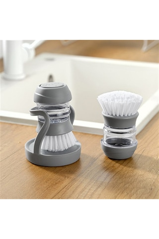 Innoshop Soap Dispenser Kitchen Brush Sıvı Deterjan Hazneli Bulaşık Fırçası ve Stand Gri