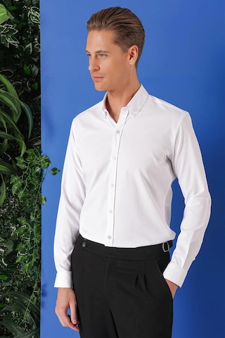 Efor Slim Fit Düğmeli Yaka Pamuklu Klasik Beyaz Gömlek Gk 714 Beyaz