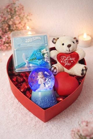 Sevgiliye Romantik Hediye Kutusu Işıklı Kalp Mavi Kar Küresi Peluş Ayıcık Ve Gül Buketi Hediye Set03 Çok Renkli