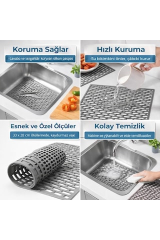 Lexroo Silikon Kaydırmaz Lavabo Paspası, Gri, 33x28 Cm, Delikli Tasarım