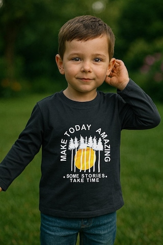 Erkek Çocuk %100 Pamuk Baskılı Uzun Kollu Tişört - Koyu Gri 3-4 Yaş 8-9 Yaş Koyu Gri