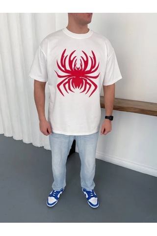Defymoda Erkek Örümcek Baskılı Tişört Kısa Kollu Bisiklet Yaka T-shirt - Beyaz
