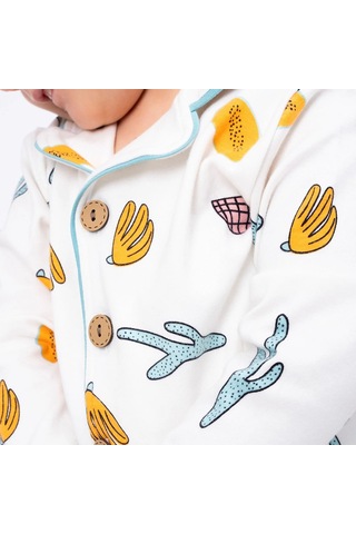 Bebegen Unisex Ekru Yeşil Turuncu Yaprak Kaktüs Desenli Kruvaze Yaka Pijama Takımı