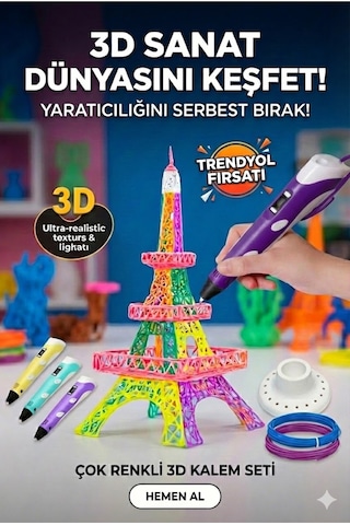 Büro Ev Ofis Hobi Atölyesi İçin 3d Üç Boyutlu Dijital Göstergeli Mor Kalem 3filament Seti