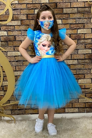 Maske Hediyeli Tül Detay Elsa Elbise Mavi