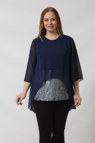 4048 Şifon -simli Dantel Kombinli Büyük Beden Bluz Lacivert Lacivert