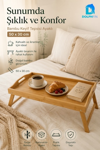 Katlanabilir Bambu Keyif Tepsisi 50x30 Cm Ayaklı Kahvaltı Servis Tepsisi Yatak Sehpası