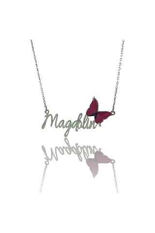 Üç Boyutlu Kırmızı Kelebek Özel Font Isim Yazılı 925 Gümüş Kolye