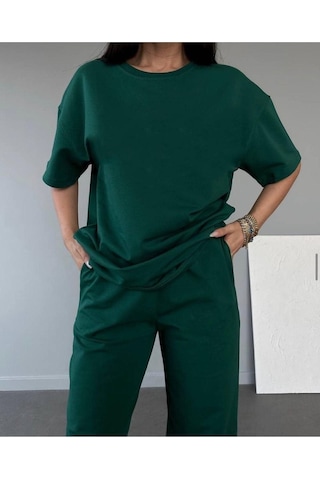 Basic T-shirt Eşofman Altı Jogger - Yeşil Düz Alt Üst Eşofman Takımı Oversize Bisiklet Yaka Yeşil
