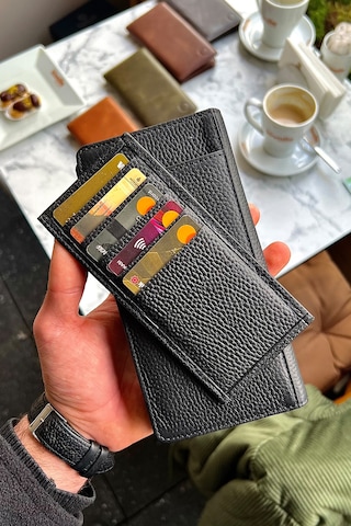 Piarde Siyah Unisex Hakiki Deri Kartlık Hediyeli Telefon Gözlü Cüzdan Siyah