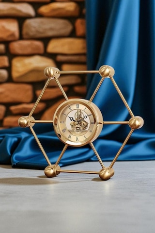 Chacha Home Luxury Altıgen Model Space Geometrik Sanat Masa Saati Lüks Dekoratif Hediyelik Obje 27x24x5 Cm Gold