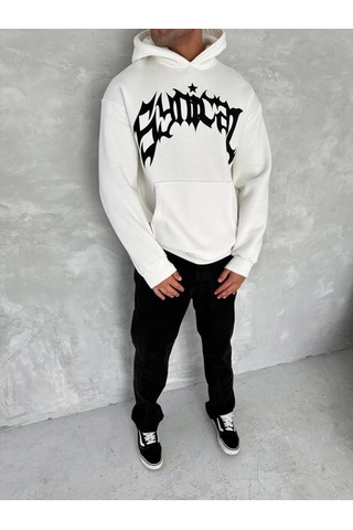 Veraura Lifestyle Unisex Üç İplik Kapşonlu Baskılı Sweatshirt - Beyaz