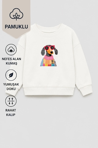 Monila Unisex Çocuk 3 İplik Kumaş Köpek Baskılı Pamuklu Sweatshirt Ekru