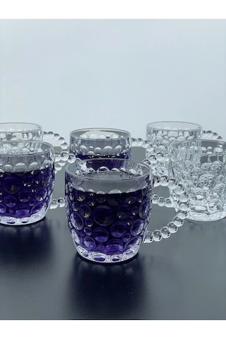 6 Lı Cam Kulplu Desenli Kupa Meşrubat Kokteyl Bardak 300ml