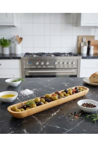 Bambu Uzun Zeytinlik & Sunum Tabağı Balsa Doğal Kahvaltılık Servislik Açık Kahverengi