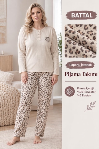Boyraz Lindros Kadın Düğme Yaka Raporlu İnterlok Kışlık Battal Pijama Takımı 02995 - 1 Adet Ekru