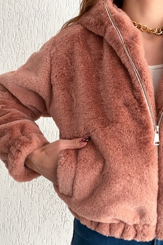 Femelle Kadın Pudra Fermuarlı Kapüşonlu Pelüş Kürk Mont