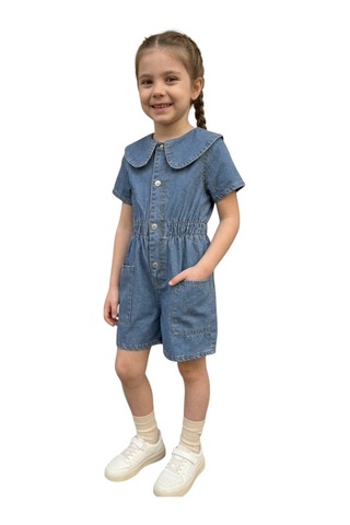 Erdem Kıds Kız Çocuk Denim Kot Yazlık Kısa Kol Bebe Yaka Çıtçıtlı Günlük Bayramlık Tulum Mavi Mavi