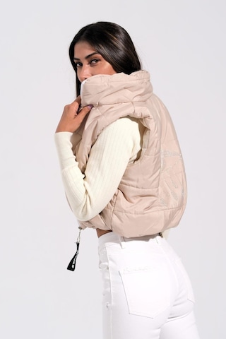 Keyifli Moda Kadın Bej Sırtı Taş İşlemeli Dik Yaka Kısa Şişme Yelek-bej Bej