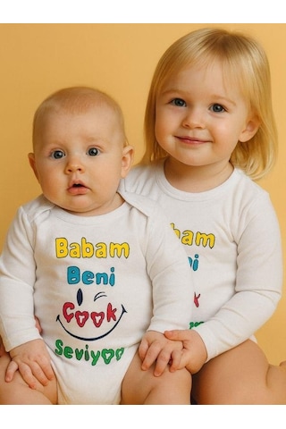 Zekids Bebek Babam Beni Çok Seviyor Yazılı Pamuklu Uzun Kol Çıtçıtlı Body-16093 Ekru