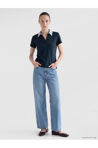 Lcw Comfort Lacivert Polo Yaka Çizgili Kadın Tişört