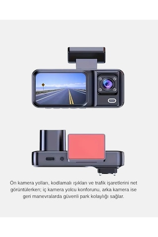 Full Hd Üç Kameralı Araç Kamerası G-sensörlü Ve Gece Görüşlü