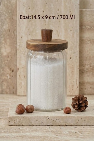 Atbyhome Ahşap Kapaklı Borosilikat Cam Saklama Kabı 700 Ml - Oluklu Cam Kavanoz