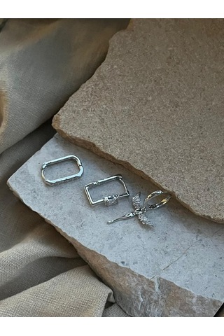 Gümüş Renkli Taşlı Melekli Üçlü Küpe