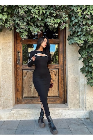Bigümex Siyah Yaka Pencereli Uzun Kaşkorse Elbise