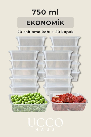 20 Adet 750ml Saklama Kabı Seti Plastik Buzluk, Erzak, Yemek Hazırlık & Mutfak Düzenleme Kutuları Şeffaf