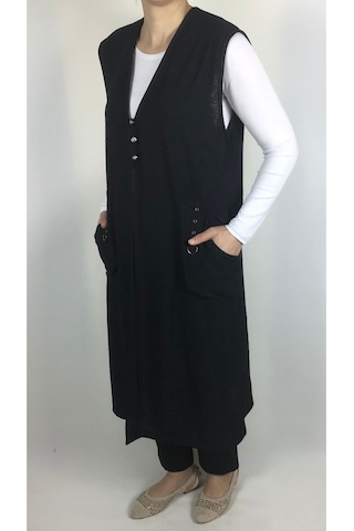 Kadın Önü Üç Düğmeli Cepli Jakarlı Yazlık Uzun Yelek Siyah