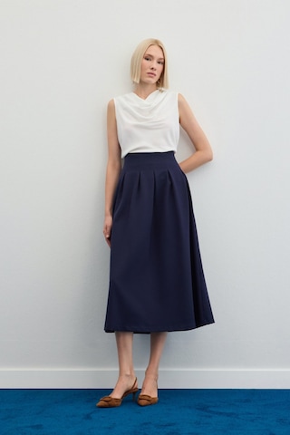 Sateen Pileli Midi Etek - Lacivert-136480 Lacivert