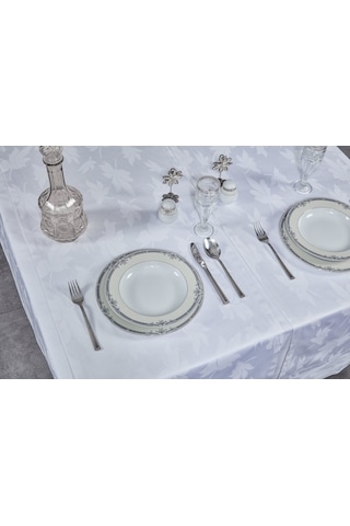 Misiny-Yaprak Desenli Beyaz Masa Örtüsü