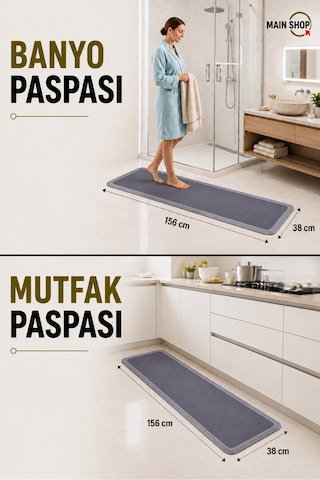 Mainshop 2 Adet Sihirli Su Emici Mutfak Paspası Banyo Paspası Kaymaz Tabanlı 156x38 Cm Yazısız M-61 Gri
