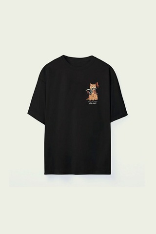 Thewert Unisex Samuray Cat Baskılı Siyah Oversize Tshirt