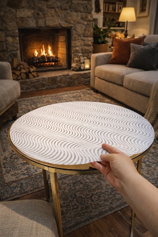 Çeyizlik Krem Bej Yuvarlak Sehpa Masa Örtüsü Dantelli, Paralel Çizgili, Pvc